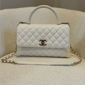 SOLD NEW Chanel White Caviar Quilted Coco Flap Top Handle Strap Bag Gold Hardwar